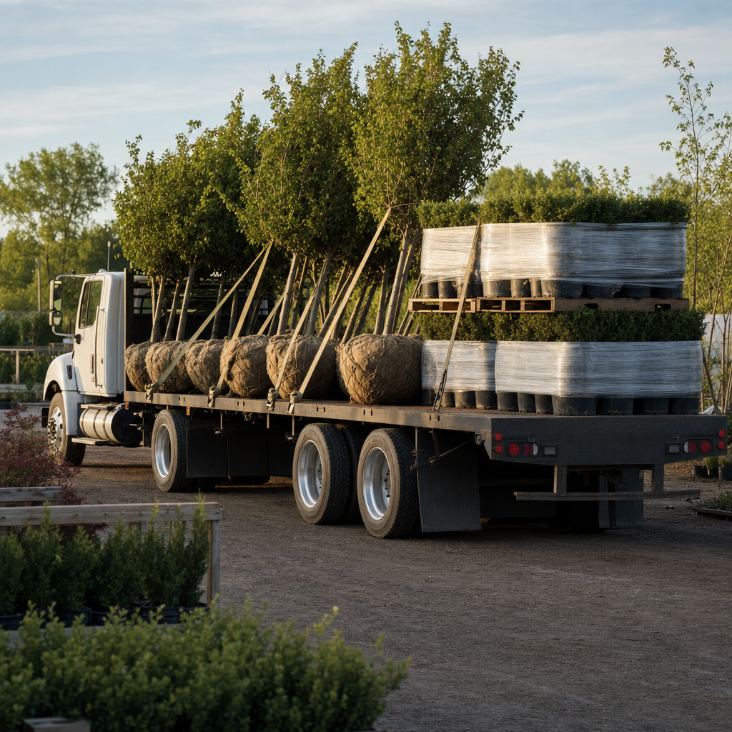Flatbed truck loaded with trees and shrubs ready for delivery